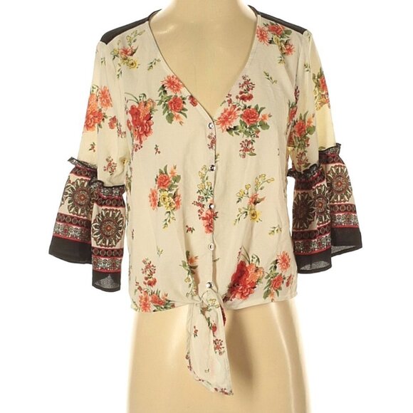 Boutique Crescent & Willough Boho Tie Front Floral V-Neck Cropped Blouse - Picture 1 of 8
